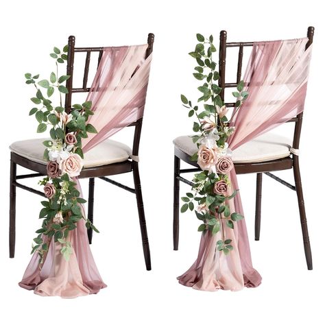 PRICES MAY VARY. WEDDING AISLE DECOR DETAILS: Set of 8 pre-made wedding aisle decoration flowers, 16 pcs runner drapes with ribbon, which helps to create your romantic spring, dusty rose or summer wedding. Aisle suitable for four rows of guest seating. If there are more queues, it is recommended to purchase multiple copies. SUITABLE SIZE FOR CHAIRS: The wedding chair flower decor is 24" L x 10" W, and the chair sash is 96" L x 8" W. EASY TO USE: First, install the chiffon fabric on the chair, fi Outdoor Wedding Chair Decorations, Bench With Flowers, Outdoor Wedding Chairs, Wedding Aisles, Pew Flowers, Cheap Wedding Decorations, Chair Back Covers, Aisle Flowers, Wedding Chair Decorations