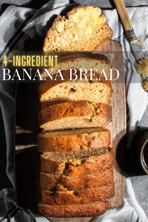 A loaf of 4-ingredient banana bread sliced into 9 slices. One slice is buttered. Banana Bread Recipe Uk, Super Moist Banana Bread, Banana Bread Recipe Moist, Measuring Ingredients, Moist Banana Bread, Easy Banana Bread Recipe, Banana Bread Recipe, Baked Dessert Recipes, 4 Ingredient