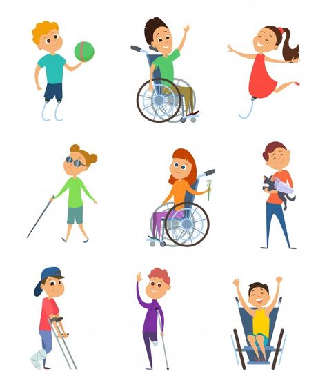 Disabled people. Download it at freepik.com! #Freepik #vector #background #people #design #woman Estilo Cartoon, Disabled Children, School Murals, Disabled People, Vector Character, Animated Characters, Painting For Kids, Wheelchair, Children Illustration