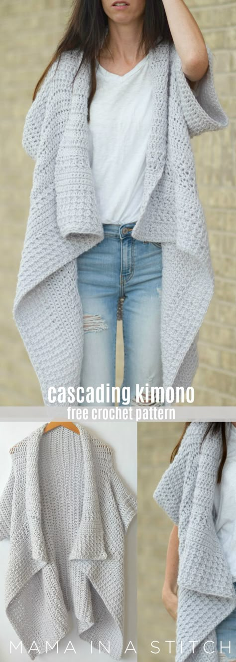 This super easy crocheted kimono is so pretty.  A simple, free pattern includes photos on how it's assembled by @mamainastitch. via @MamaInAStitch Jaket Crochet, Clothing Crochet, Crochet Sweater Free, Crochet Kimono, Gilet Crochet, Crochet Sweater Pattern Free, Haken Baby, Blanket Patterns, Crochet Jacket