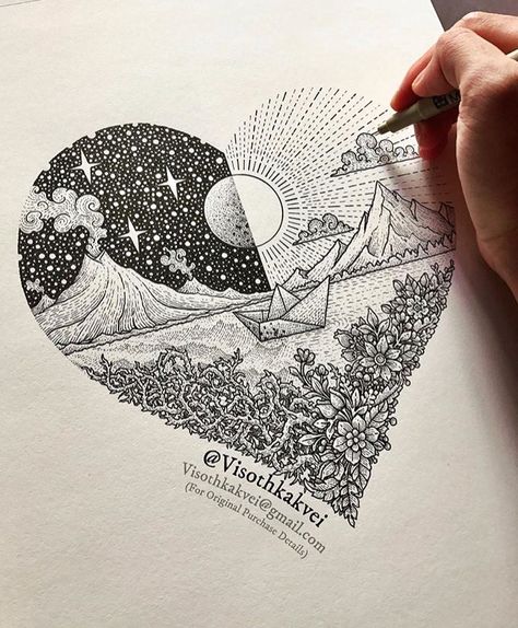 Heart Day and Night Journey Of Love, Mountain Tattoo, Arte Inspo, Detailed Drawings, Pencil Art Drawings, A Pen, Zentangle Art, Fantasy Illustration, Pen Art