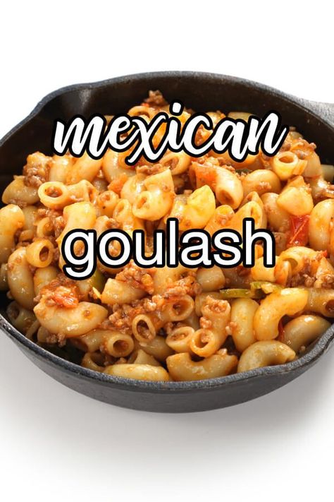 Mexican Goulash - A Mexican-flavored twist on American-style goulash. Pasta, ground beef, and vegetables are are simmered in a spiced tomato sauce. | CDKitchen.com Taco Goulash Recipe, Mexican Goulash Ground Beef, Mexican Goulash Recipes, Spanish Macaroni, Mexican Hamburgers, Tex Mex Goulash, Mexican Goulash, Mexican Macaroni, Ground Beef Goulash