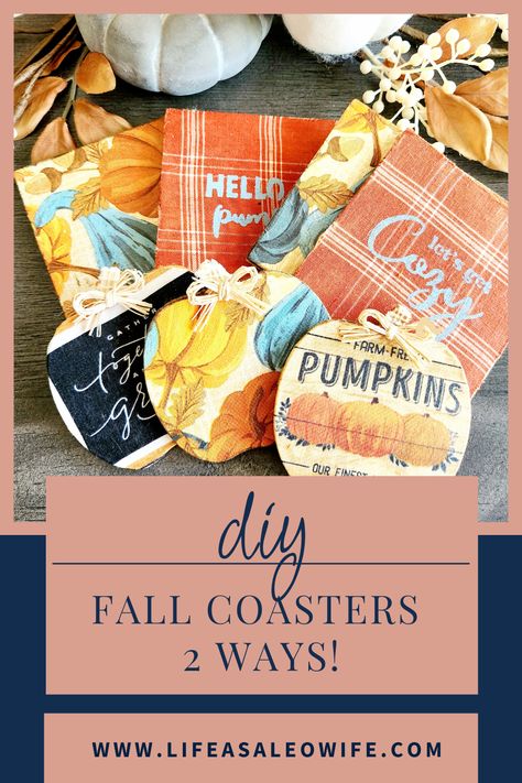 Make these beautiful fall coasters using a few Dollar Tree and/or craft store supplies in 2 different ways! My full tutorial, including video, will have you making custom coasters to match your fall decor in minutes! Let me show you how! Thanksgiving Coasters Diy, Dollar Tree Coasters Diy, Thanksgiving Coasters, Fall Coasters, Pumpkin Coasters, Diy Coasters Tile, Coasters Diy, Fall Color Schemes, Fall Napkins