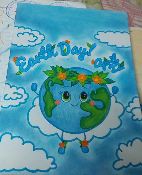 Earth day poster - Pencil colour and dry pastels Posters On Earth Day, Poster For Earth Day, Earth Day Posters Ideas, Earth Day Drawing Easy, Drawing For Earth Day, Drawing On Earth Day, Earth Day Drawing For Kids, Earth Day Drawings Art, Poster On Earth Day