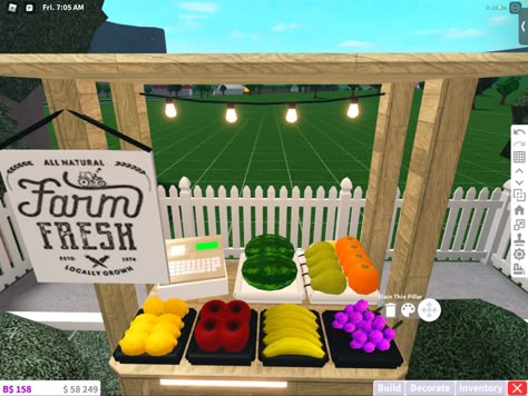 Bloxburg Stands Ideas, Bloxburg Food Pantry, Bloxburg City Grocery Store, Bloxburg Vegetable Garden, Smoothie Shop Bloxburg, Bloxburg Stall Ideas, Town Layouts Bloxburg Large Plot, Bloxburg Market Stall, Bloxburg Toy Store Ideas