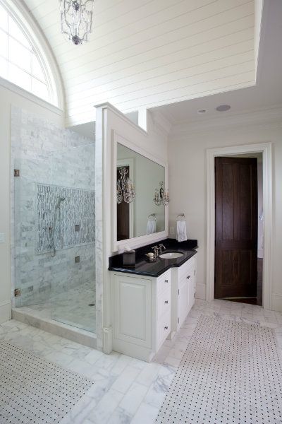 Walk In Shower behind vanity wall. the shower behind the vanity idea is my favorite bathroom design ever! Hidden Shower, Diy Shower Curtain, Bathroom Design Layout, Transitional Bedroom, Transitional Bathroom, Bedroom Wall Colors, Transitional House, Trendy Bathroom, Dream Bathrooms