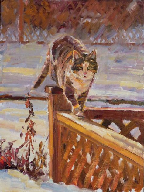 On the Fence, oil on panel, 9 x 12 in. by Janet Greco Cat On Fence, Fence Drawing, Walking Illustration, Fence Painting, Cat Walking, Illusion Drawings, Cat Art Illustration, Fence Paint, Farm Art