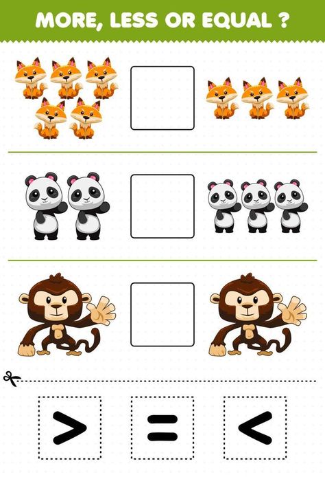 Education game for children more less or equal count the amount of cute cartoon jungle animal fox panda monkey then cut and glue cut the correct sign Cartoon Jungle, Vector Animation, Math Activities For Kids, Pattern Activities, Cut And Glue, Game For Children, More And Less, Jungle Animal, 3d Cards