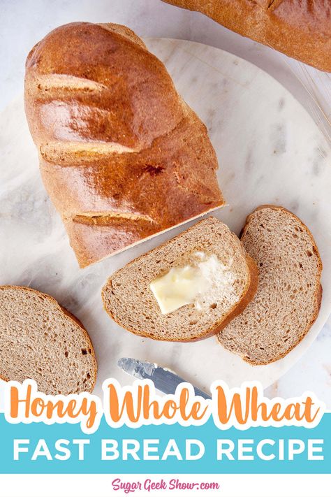 Easy honey whole wheat bread recipe that's ready in less than 60 minutes and so much better than store-bought! Homemade whole wheat bread is healthier than white bread and easy to make from scratch. Milk, butter, and honey make this whole wheat bread recipe super moist, soft and fluffy. Perfect for rolls, sandwich bread or for an appetizer. No bread machine or loaf pans needed. You can even make this bread by hand if you don't have a mixer. Make this super fast whole wheat bread recipe today! Honey Whole Wheat Bread Recipe, Fastest Bread Recipe, Honey Whole Wheat Bread, Homemade Whole Wheat Bread, Whole Wheat Bread Recipe, Fast Bread, Bread Calories, Sugar Geek, Honey Wheat Bread