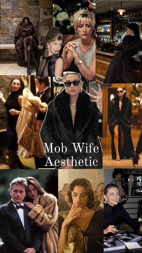 rich wife, gold jewelry, fur coat, black outfits, minimal makeup, smokey eyes, red lipstick Gold Party Dress Outfit, Mobster Wife Aesthetic, Mob Wives Costumes, 50s Vintage Aesthetic, Dress With Fur Coat, Mob Wife Makeup, Rich Wife, Gangster Outfit, Mafia Wives