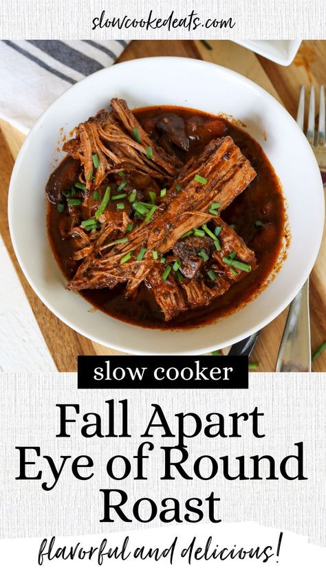 If you're looking for a comforting, easy dinner idea for a busy weeknight, look no further than this delicious Crock Pot Fall Apart Eye of Round Roast. This simple slow cooker dinner packs a ton of flavor and comes together with minimal effort. It's like having Sunday supper during the week! Perfect for those nights when you don't have a lot of time on your hands, this hearty meal is sure to please. Top Round Crock Pot Recipes, Eye Of Round In Crock Pot, Eye Of Round Crockpot, Eye Round Roast Crock Pot, Crockpot Eye Of Round Roast Recipes, Outside Round Roast Recipe Slow Cooker, Round Roast Crock Pot, Crock Pot Eye Of Round Roast, Beef Round Eye Roast Recipes Crock Pot