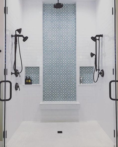 Spanish Tiles Bathroom, Patterned Bathroom Tiles, Tiled Bathroom, Bathroom Makeovers, Bathroom Shower Walls, Master Bath Remodel, Bathroom Shower Tile, Bathroom Remodel Shower, Tile Designs