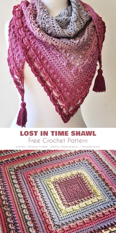 Lost in Time Shawl Lost In Time Crochet Shawl, Lost In Time Shawl Pattern Diagram, Yarn Cake Crochet Patterns, Lost In Time Shawl Pattern, Triangle Crochet Pattern, Triangle Shawl Crochet Pattern Free, Triangle Crochet Shawl, Shawl Crochet Pattern Easy, Lost In Time Shawl