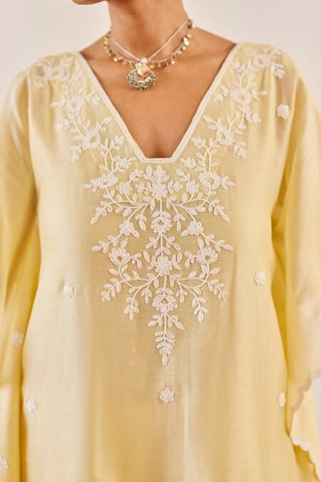 Buy Yellow Cotton Silk Embroidered Floral V Neck Zainaab Kurta Kaftan Set For Women by Amisha Kothari Online at Aza Fashions. Cord Embroidery Design, V Neck Embroidery Design, Neck Embroidery Designs For Kurtis, Cording Embroidery Design, Kurti Designing, Kaftan Sleeves, V Neck Kaftan, Cord Embroidery, Kaftan Set