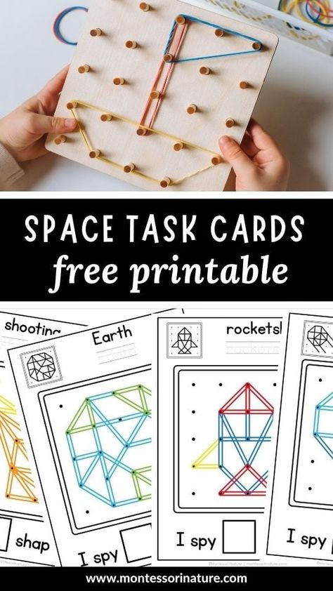 Ignite Children's Curiosity with Space Geoboard Task Cards - Free Printable - Montessori Nature Geoboard Task Cards Free, Space Books For Kids, Outer Space Activities, Preschool Theme Activities, Nature Printables, Task Cards Free, Dictionary For Kids, Space Preschool, Math Activities For Kids