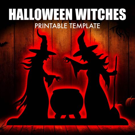 🎃 Calling all DIY enthusiasts and Halloween aficionados! ️✨ Are you ready to brew up some spooky magic in your home this Halloween season? We've got just the thing for you - a 77-page DIGITAL FILE that will help you create two magnificent Witches and a Cauldron wood silhouette cutout for your eerie decor. 🪄🕯️ But here's the fun twist: once you assemble these wickedly cool witches, they'll stand tall at a bewitching 6 feet and stretch wide to a spellbinding 7,5 feet! 👻 HERE'S HOW IT WORKS: Yo Witch Silhouette Templates, Halloween Wood Cutouts, Eerie Decor, Outdoor Witch, Wood Silhouette, Diy Halloween Dekoration, Silhouette Decor, Halloween Silhouette, Halloween Puzzles