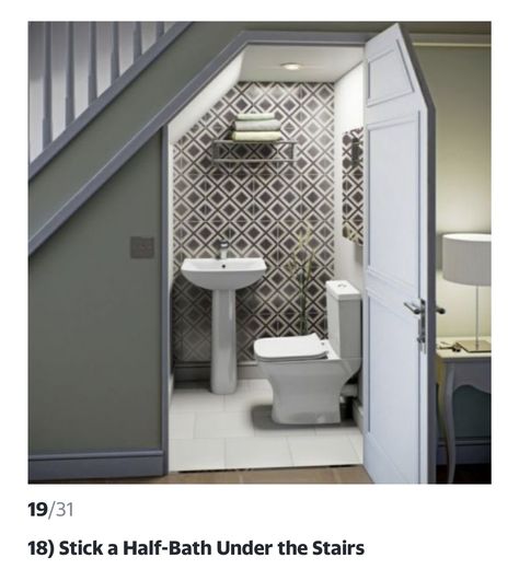 Toilet Under Stairs, Powder Room Dimensions, Under Stairs Toilet, Understairs Toilet, Under Stairs Ideas, Small Half Bath, Downstairs Bathroom Ideas, Room Under Stairs, Bathroom Under Stairs