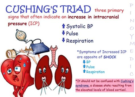 Cushing’s triad (Hypertension, bradycardia and irregular respirations) is one of the classic sign for elevated intracranial pressure. Hypertension is due to maintain cerebral perfusion pressure (Cerebral perfusion pressure = Mean arterial pressure – Intracranial pressure), when ICP increases cerebral perfusion must somehow maintained above 50 mm Hg). Bradycardia is a reflex response to hypertension and … Paramedic Tips, Cushing Triad, Medic School, Paramedic Study, Neuro Nursing, Nclex Tips, Emt Study, Nurse Notes, Midwifery Student