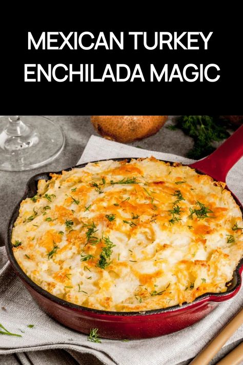 Baked turkey enchilada casserole in a red dish, garnished with herbs. Enchilada Skillet Recipe, Recipe With Ground Turkey, Turkey Enchilada Casserole, Mexican Turkey, Ground Turkey Enchiladas, Skillet Casserole, Turkey Casserole Recipe, Enchilada Skillet, Turkey Mince Recipes