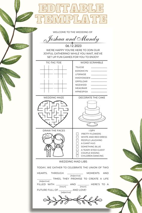 https://artrocketcreations.etsy.com This is a Minimalist Activity Sheet for guests entertainment at a wedding reception. This Unique Printable Game Sheet offers a range of fun wedding games for guests to enjoy. Customizable and available as a Digital Download, this will add a unique touch to your special day. Editable Wedding Template using Canva. This Canva Template is easy to use. The size is 4x9, which is commonly used for menus. Wedding Table Games, Games Template, Fun Wedding Games, Guest Entertainment, Wedding Mad Libs, Entertainment Wedding, Wedding Games For Guests, Reception Games, Wedding Activity