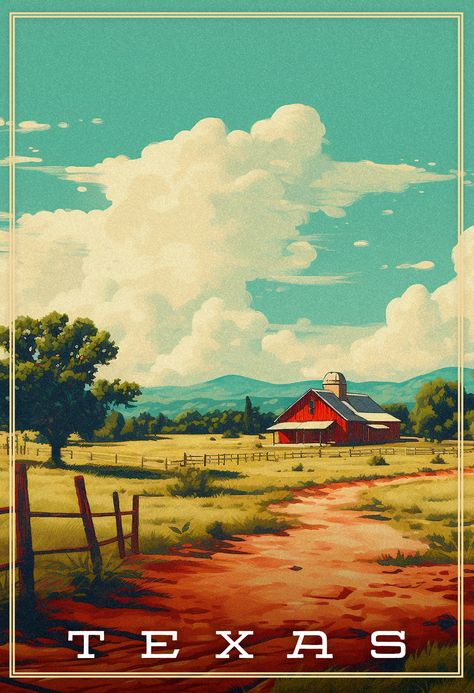 This captivating artwork transports you to the picturesque landscapes of Texas, where the rugged beauty of the countryside comes to life. A rustic barn stands proudly amidst the vast expanse of a Texas ranch, exuding a sense of timeless charm. Vintage Texas Posters, Texas Illustration Art, Texas Aesthetic Wallpaper, Ranch Illustration, West Texas Landscape, Texas Wallpaper, Texas Countryside, Texas Vibes, Ranch Landscape