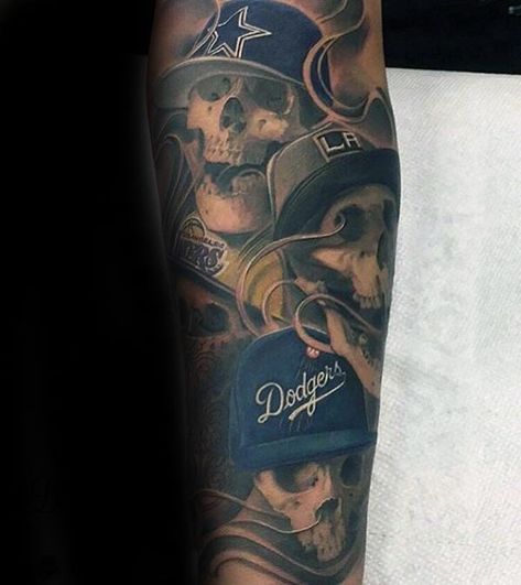 60 Los Angeles Dodgers Tattoos For Men - Baseball Ink Ideas Los Angeles Dodgers Tattoo, Cowboys Tattoo, Dallas Cowboys Tattoo, Bandana Tattoo, Cowboy Star, Dallas Tattoo, Baseball Tattoos, Sport Tattoos, Chicano Tattoos Sleeve