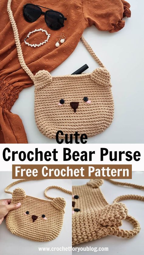 Adorable Teddy Bear Purse - Free crochet pattern for a cute and cuddly purse that's perfect for carrying your essentials. 

This purse is made with worsted weight yarn and features a teddy bear face with embroidered details. It's easy to crochet and makes a great gift for any crocheter or teddy bear Crochet Bear Bag, Crochet Teddy Bear Bag, Crochet Purse Pattern Free Handbags Children, Crochet Bear Basket, Crochet Bear Purse, Market Crochet, Bear Purse, Lily Bag, Keychain Designs