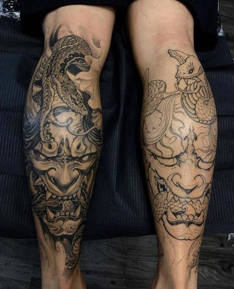 Hannya Maske Tattoo, Japanese Mask Tattoo, Japanese Leg Tattoo, Guerriero Samurai, Japanese Tattoos For Men, Oni Tattoo, Hannya Mask Tattoo, Japanese Legs, Dragon Sleeve Tattoos