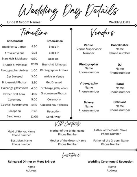 Plan your perfect day with ease and style using this custom wedding timeline and details template. This user-friendly guide helps you organize a summary of those special details and people apart of your wedding, from pre-ceremony to the final send-off. Simply edit the times/dates/names to fit for your your special day and send digitally or print for everyone to know times/persons of contact day of! Please note that this is a digital product, nothing will be mailed to you. You will need a Canva l Wedding Line Up Order, Wedding Line Up Order Ceremony, 3:30 Ceremony Wedding Timeline, Mechanic Wedding, Wedding Processional Order, Wedding Day Timeline 1:30 Ceremony, Processional Order, Day Of Wedding Timeline 4:30 Ceremony No First Look, 5:30 Pm Wedding Timeline