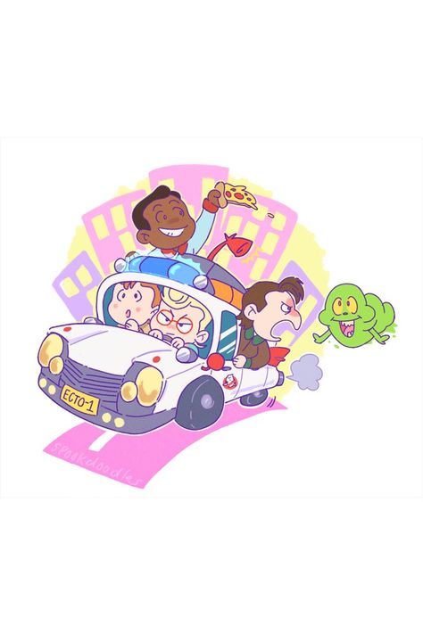 A cartoon-y illustration of The Real Ghostbusters. They are draw in a chibi style and are riding in Ecto-1. Egon is driving with Ray beside him, Peter is leaning out of the window and shouting at Slimer who is following them. Winston leans out of the other side smiling and holding a slice of pizza. The car drives along a stylised road with the silhouettes of buildings behind them. Ghostbusters Fanart, Ghostbusters Party, Film Writer, Ghostbusters 1984, The Real Ghostbusters, Ghost Busters, My Favourite Things, Star Wars Artwork, Cute Doodle Art