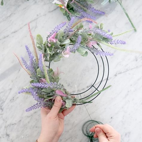 Candle Wreath Diy, How To Make A Flower Wreath, Dollar Tree Flower Arrangements, Dollar Tree Flower Arrangements Diy, Lavender Wreath Diy, Dollar Tree Wreath Ideas, Dollar Tree Spring Wreath, Diy Dollar Tree Wreath, Spring Wreath Tutorial