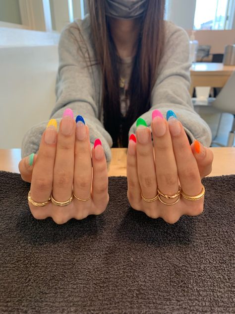 Colorful Tipped Nails, Nails With Different Colors, Colorful Prom Nails, Multicolor Tips Nails, Nail Ideas Tip Color, Rainbow Colored Nails, Multi Color Tips Nails, Different Colored Tips Nails, Nail Inspo Different Colors