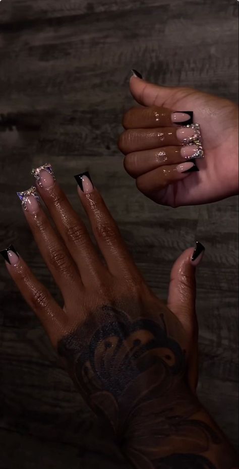 Soft White Nails With Rhinestones, Natural Acrylic Nails Glitter, Gel Nail Sets Ideas, Short Square Acrylic Nails Diamonds, Birthday Nails Square Black, Black French Tip Nails With Bling, Kaws Duckies Nails, Medium Length Birthday Nail Designs, Baddie Black French Tip Nails