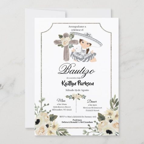 Mexican White Silver Charro Boy Bautizo Invitacion Invitation | Zazzle.com Charro Theme, Mexican Invitations, Silver Invitation, Baby Shower Deco, Boy Baptism, Baptism Girl, Baptism Invitations, Colored Envelopes, Diy Invitations