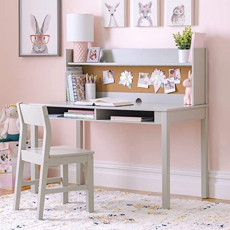 Amazon.com: Martha Stewart Living and Learning Kids' Desk with Hutch and Chair Set - Gray (Ages 5-12 Years) Children's Wooden Study Table with Storage: Furniture & Decor Wooden Study Table, Ikea Trofast Storage, Kids Study Desk, Workspace Storage, Desk With Hutch, Low Bookcase, Kids Desk, Kids Room Furniture, Desk And Chair