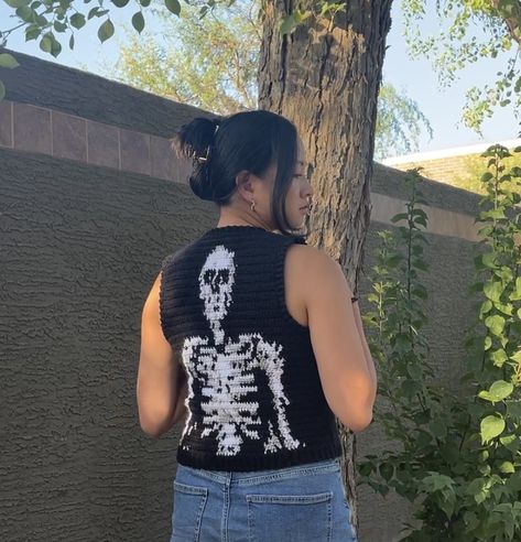 Custom crochet skeleton Halloween sweater vest black gray white on the back, black front v neck sweater vest top shirt Crochet Album Cover, Crochet Skeleton, Custom Crochet, Halloween Sweater, Halloween Skeleton, Vest Shirt, Shirt Top, Sweater Vest, Album Covers