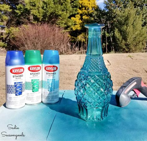 Seaglass Spray Paint Projects, Glass Spray Paint Diy, How To Spray Paint Glass Vases, Spray Paint Glass Vases, Seaglass Spray Paint, Spray Paint For Glass, Mid Century Eclectic Decor, Sea Glass Spray Paint, Frosted Glass Spray Paint