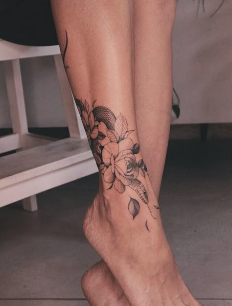 Snake Tattoo Calf Women, Flower Shin Tattoos For Women, Calf Ankle Tattoo, Upper Calf Tattoo, Dainty Calf Tattoos For Women, Large Ankle Tattoo, Snake And Flower Ankle Tattoo, Foot To Ankle Tattoos For Women, Wrap Around Calf Tattoos For Women