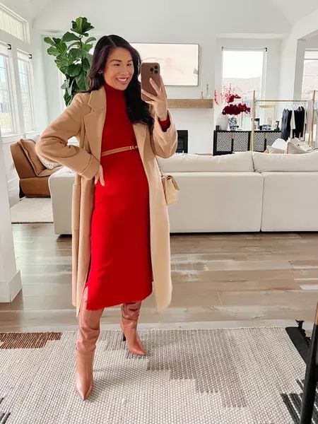 Maternity Red Sweater Dress, Red Sweater Outfit, Maternity Tights, Nude Boots, White Sweater Dress, Red Sweater Dress, Red Silk Dress, Brown Knee High Boots, Sweater Dress Outfit