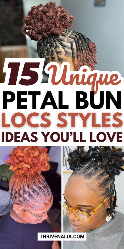 Locs Hairstyles Petals, Basket Weave Loc Styles, Loc Petal Bob, Dread Bun Styles Women, Petal Bun Locs With Bangs, Loc Petals On Short Locs, Locs Bun Styles Updo, Loc Petal Mohawk, Butterfly Locs Hairstyles Short