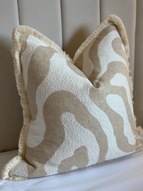 Introducing our 'Sigrid' cushion. A premium natural toned abstract pattern with cream fringe.  All of our cushions are handmade to order in the UK using designer, luxury fabrics. Available with or without premium duck-filled inners.  Please get in touch if you have any bespoke sizing or piping requests.  Lead time: All cushions are handmade to order so please bear with us at busy times. Our current lead time on all cushion orders is 3-4 weeks but we always endeavour to send them out sooner. Please get in touch if you wish to discuss our express charge. Samples: We understand that buying new cushions for your home is a big decision so we offer an £2.50 sample service. We recommend buying samples as we do not offer refunds or exchanges. Please get in touch to request fabric swatches.  Sizing Accent Pillows For Beige Couch, Pillow Ideas, Tuk Tuk, Handmade Cushion Covers, Small Cushions, Handmade Cushions, Lifestyle Products, Cushion Design, Patterns In Nature