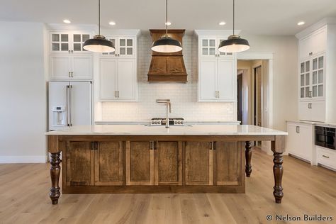 The 10-foot ceilings in this farmhouse kitchen are balanced out with full height cabinetry and 8-foot doors. Kitchen Cabinets To The Ceiling, Cabinets To The Ceiling, Kitchen Triangle, Ranch Kitchen, Farmhouse Kitchen Cabinets, Farmhouse Kitchen Design, Kitchen Ceiling, White Subway Tile, Oak Kitchen