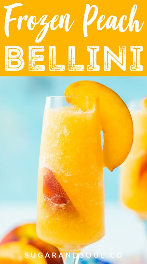 This Peach Bellini Slushies recipe is a frozen take on the classic brunch cocktail! Made in the blender with just 4 ingredients, this easy champagne cocktail is a refreshingly boozy beverage to enjoy all summer. Bellini Cocktail Recipes, Peach Bellini Recipe, Peach Bellini Cocktail, Frozen Peach Bellini, Bellini Cocktail, Bellini Recipe, Wine Tips, Peach Drinks, Slushie Recipe