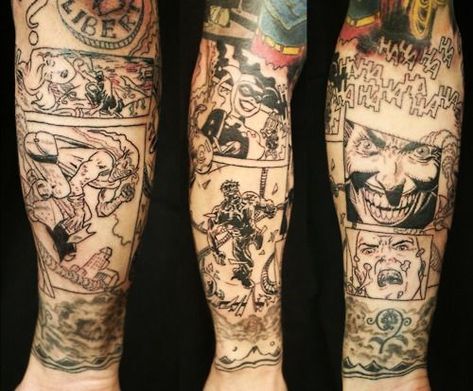 #dc #comic #tattoo #tattoos #ideas #designs #men #formen #menstattooideas Comic Strip Tattoo Ideas, Tattoo Comic Style, Comic Strip Tattoo, Strip Tattoo, Marvel Tattoo Sleeve, Superhero Tattoos, Batman Tattoos, Brand New Tattoos, Comic Book Tattoo