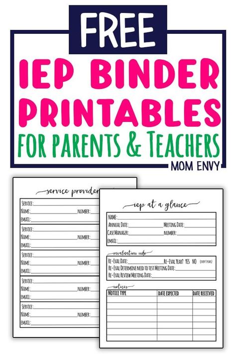 Free IEP Binder Printables. Download these Free Special Education Planner Inserts to create your own IEP binder. Perfect for parents and teachers handling IEPs. These files will help make sure your child (or student) is getting their IEP needs met. #specialed #teachers #specialedteacher Iep Binder, Iep Organization, Special Education Organization, Middle School Special Education, Iep Meetings, Sped Classroom, Binder Printables, Special Ed Teacher, Teaching Special Education