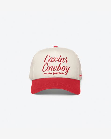 Caviar Cowboy Cap (Beige & Red) | Eleven Eleven Caviar Cowboy, Nyc Cap, Red Cowboy Hat, Eleven Eleven, Cowgirl Necklaces, Sporting Club, Country Concert Outfit, Hat Print, Red Boots