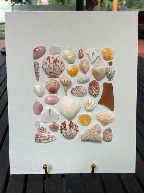 done by me🥰 follow my insta @annettessboutique shells on canvas - florida shells - sea glass - shell crafts #beach #shells #mermaid Seashell Art Canvas, Shells On Canvas Diy, Shells On Canvas, Shell Magnets, Florida Shells, Beach Shells, Seashell Painting, Painted Shells, Seashell Art