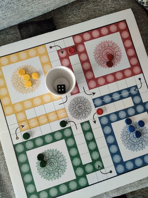 I designed this board on Adobe Illustrator, combined with my hand-drawn mandalas. I printed it in four 8 x 8 inch sections using some sticker sheets. I used a foam board as the base for this game board, and peeled the printed sticker sheets off and attached them to the foam board carefully. I created the dice and game pieces with clay, and painted them with acrylic. Diy Ludo Board Game, Ludo Board Design, Ceramic Game Board, Ludo Board Game, Ludo Board, Paper Board, Painted Boards, Ceramic Ideas, Game Board