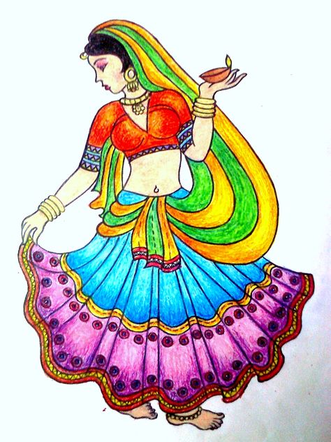 finally...got somethg up... Girl Rangoli Designs, Very Easy Rangoli Designs, Rajasthani Art, Fabric Painting Techniques, Dancing Drawings, Fabric Painting On Clothes, Scene Drawing, Birds Embroidery Designs, Easy Cartoon Drawings