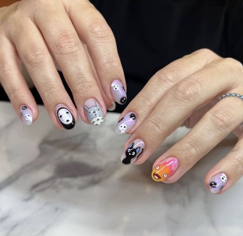 Studio Ghibli Nail Art! Photo: nailsbysang_bh on Instagram Studio Ghibli Halloween Nails, Short Studio Ghibli Nails, Soot Spirit Nails, Anime Almond Nails, Ghibli Studio Nails, Ghibli Nail Designs, Studio Ghibli Nails Simple, Princess Mononoke Nails, Studio Ghibli Inspired Nails